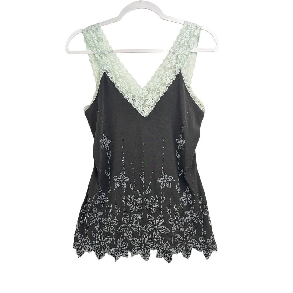 Body Central Black Mint Lace Floral Glitter Sequin Camisole Top Large USA Made